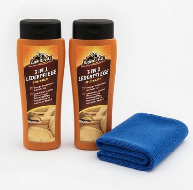 2x Armor All 3in1 Lederpflege Seidenmatt 250ml + Mircofasertuch 30x30cm Set
