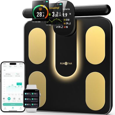 runstar Körperfettwaage mit 8 Elektroden und TFT-LCD Griff, schwarz