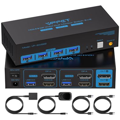 Cmstedcd 8K KVM Switch DP HDMI Dual Monitor USB 3.0 2 PC 2 Monitore