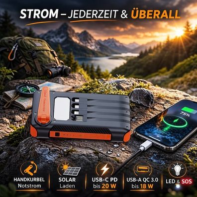 NEU Solar Kurbel Dynamo Powerbank 10Ah 37Wh für Outdoor Camping Wandern Zelten