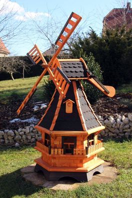 XL Gartenwindmühle aus Holz mit Solarbeleuchtung & wahlweise Dachgauben