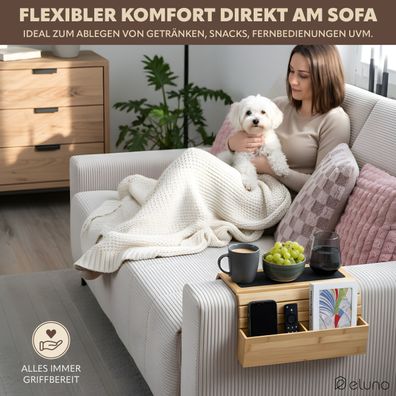 eluno Sofatablett aus Bambus mit Silikonablage und seitlichen Fächern