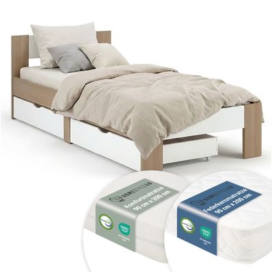 Holzbett 90x200 mit 2 Bettkästen Bett Eiche Braun Weiß Holz Bettgestell Jugendbett