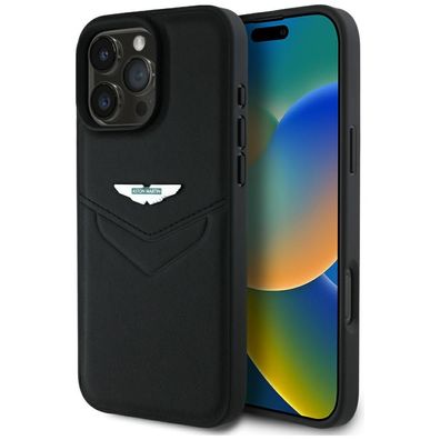 Hülle iPhone 16 Pro Max Aston Martin Echtleder schwarz Logo Metall