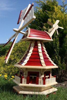 Gartenwindmühle Holz mit Solarlicht Weiß - 100 cm, drehbare Flügel, Gartendeko