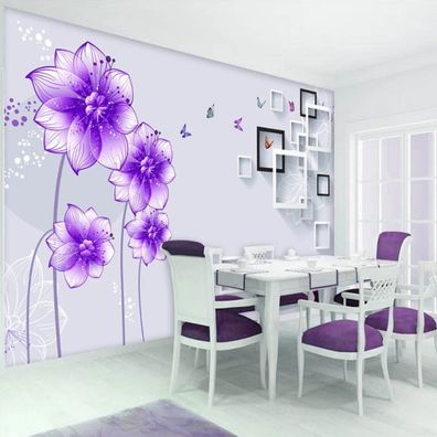 Vlies Fototapete 3D Lila Blumen Rahmen Wandbild Wohnzimmer Luxus 10546