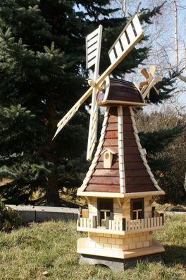 6-eckige Gartenwindmühle Holz - mit Solarlicht & Gauben, 130 cm, drehbare Flügel
