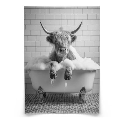 Muralo Poster für Badezimmer Schottische KUH Badewanne Schwarz-Weiß Abstraktion