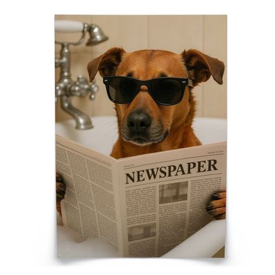 Muralo Poster für WC Badezimmer HUND in Badewanne Retro Zeitung Abstraktion