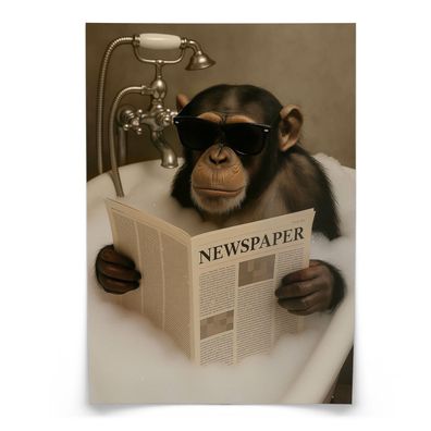 Muralo Poster für Badezimmer Schimpanse in Badewanne Affe Zeitung Abstraktion