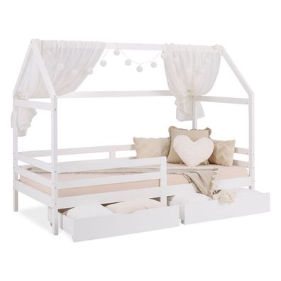 Kinderbett mit 2 Bettkästen Hausbett 90x200 cm Holz Weiß Rausfallschutz Bett Bette