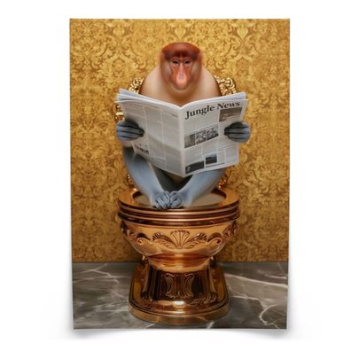 Muralo Poster für Badezimmer Nasenaffe mit Zeitung Goldene Toilette Abstraktion
