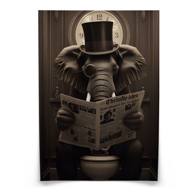 Muralo Poster für WC Badezimmer Elefant in Toilette Retro Zeitung Abstraktion