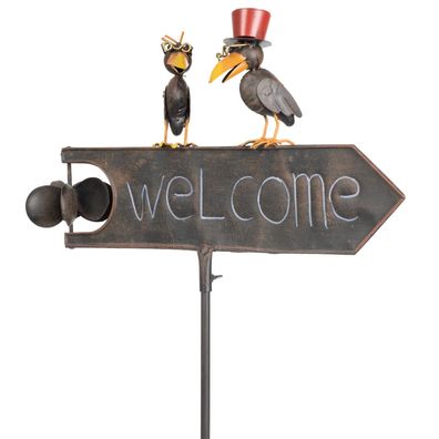 Deko Gartenstecker Welcome Schild mit 2 Raben aus Metall ca. 125x48x11 cm - wetterfes