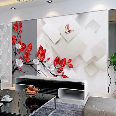 Vlies Fototapete 3D Blumen Rot Weiß Wand Wohnzimmer Luxus Design 10553
