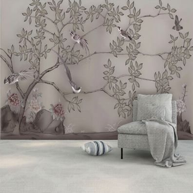 Fototapete Handgemalt Blumen Vogel Wandbild Wohnzimmer Vlies 10559