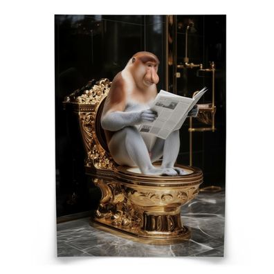 Muralo Poster für Badezimmer Nasenaffe mit Zeitung Goldene Toilette Abstraktion