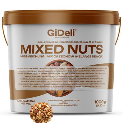 Nussmischung 1kg Ungesalzen Naturbelassen 7 Sorten Rohkost Snack Vegan GiDeli