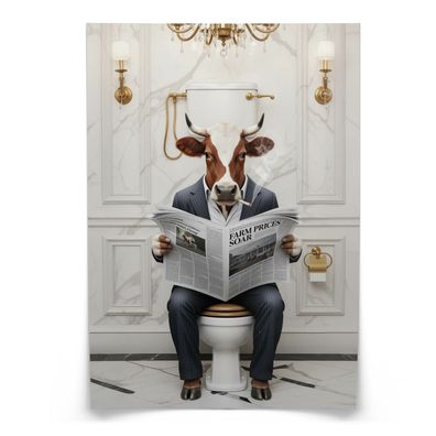 Muralo Poster für WC Badezimmer KUH Bulle mit Zeitung auf Toilette Abstraktion