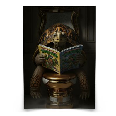 Muralo Poster für Badezimmer Schildkröte mit Comicbuch auf Toilette Abstraktion