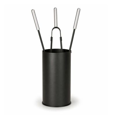 Kaminbesteck 4-tlg schwarz pulverbeschichtet - Kamingarnitur modern mit Behälter