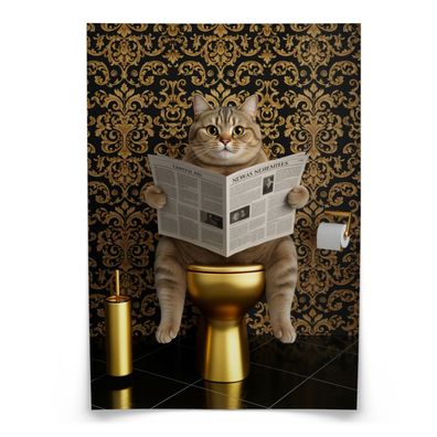 Muralo Poster für Badezimmer KATZE auf Toilette mit Zeitung Glamour Abstraktion