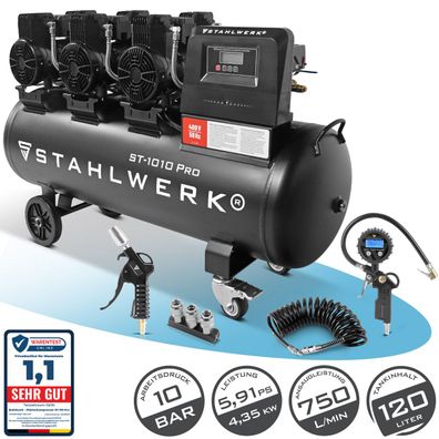 Stahlwerk Kompressor mit 120 L Tank (ST-1010 Pro) Vollausstattung – ölfrei & leise, 1