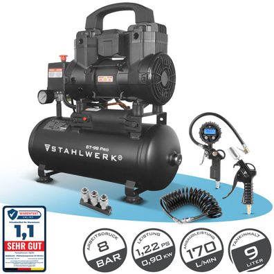 Stahlwerk Kompressor mit 9 L Tank (ST-98 Pro) im Set ölfrei & leise 8 bar Brushless
