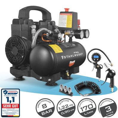 Stahlwerk Kompressor mit 3 L Tank (ST-38 BL) Vollausstattung – ölfrei & leise, 8 bar