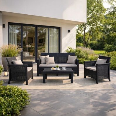 Gartenmöbel-Set BRENT Schwarz/Grau 2x Sessel Sofa Terrassentisch Technorattan Modern