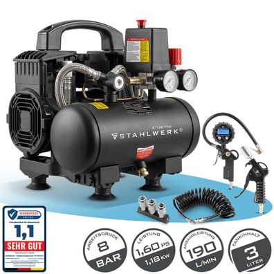 Stahlwerk Kompressor mit 3 L Tank (ST-38 Pro) Set ölfrei & leise 8 bar Brushless