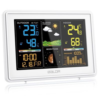 Baldr Funk-Wetterstation Farbdisplay mit Außensensor DCF-Uhr Barometer