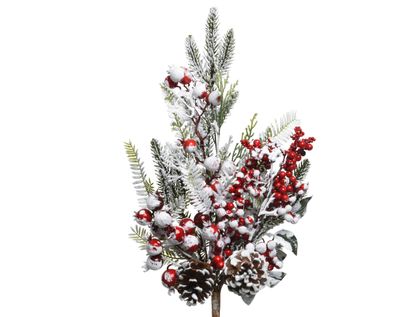 Tannenzweige künstlich 30cm mit roten Beeren und Schnee