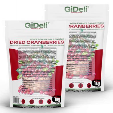 Cranberries Getrocknet 2kg Saftig Ganze Beeren Vegan Snack Müsli Backen GiDeli