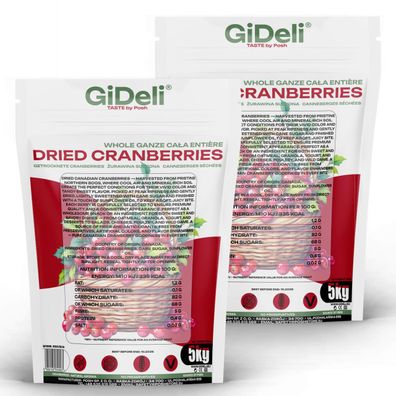 Cranberries Getrocknet 10kg Saftig Ganze Beeren Vegan Snack Müsli Backen GiDeli