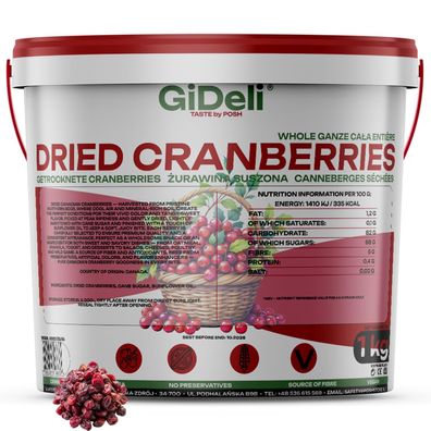 Cranberries Getrocknet 1kg Saftig Ganze Beeren Vegan Snack Müsli Backen GiDeli