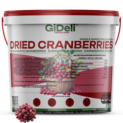Cranberries Getrocknet 20kg Saftig Ganze Beeren Vegan Snack Müsli Backen GiDeli