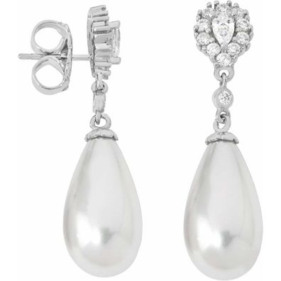Majorica Damen-Ohrhänger, kurz, 20 x 12 mm, birnbaum weißer Perle und Zirkonia