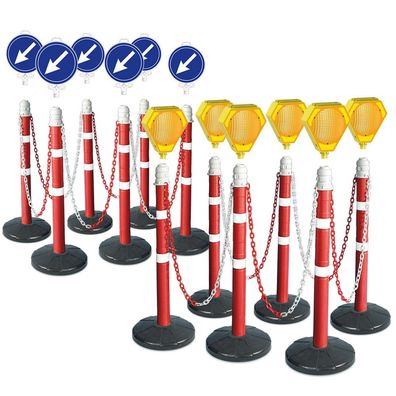 Kettenpfosten-Set, 12 Ständer, 22 m Kette, 6x Solar-Blinklampe mit Akku, 6x Leit