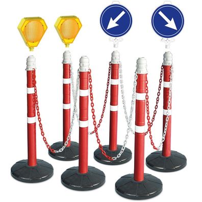 Kettenpfosten-Set, 6 Ständer, 10 m Kette, 2x Lampe, 2x Leitschild rechts + links
