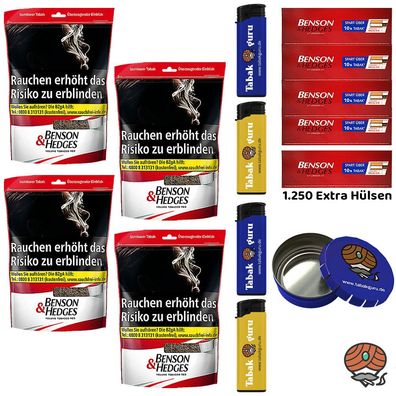Benson & Hedges Red Volumentabak Beutel 4x 160g, Extra Hülsen, Ascher Feuerzeuge