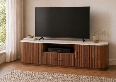 TV Board 200x55cm "Valencia"' Mango braun lackiert & Marmor weiss 2 Türen