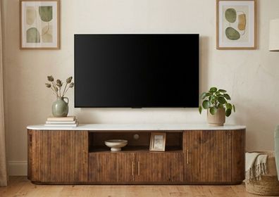 TV Board 220x55cm "Valencia"' Mango braun lackiert & Marmor weiss 2 große 2 kleine