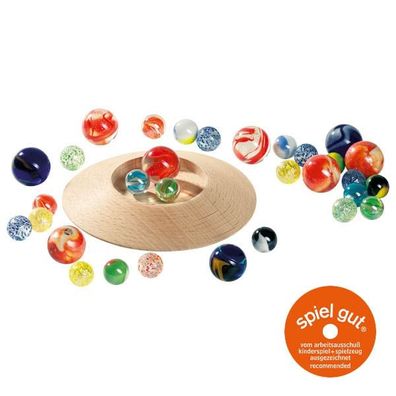 Murmelspiel mit Holzteller Glas - Murmeln mit Murmelteller aus Holz - goki 63947