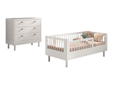 Juniorbett Set 70x140 Keeley Buche Kinder Weiß Massivholz Kommode