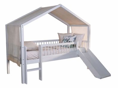 Hausbett halbhoch 90x200 Keeley Buche Weiß mit Rutsche Himmel