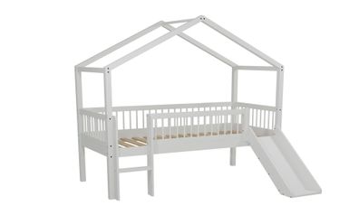 Hausbett halbhoch 90x200 Keeley Buche Weiß mit Rutsche und Dach
