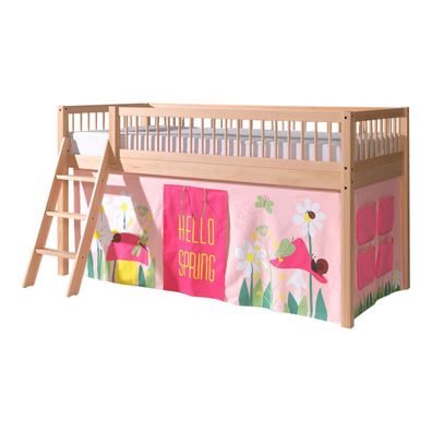 Halbhohes Bett Kelci 90x200 Textilset Spring Buche Massivholz natur