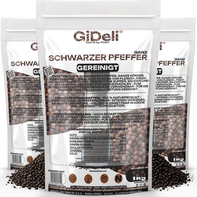 Schwarzer Pfeffer 3kg Ganz Pfefferkörner Gewürz Kochen Natur Beilage GiDeli