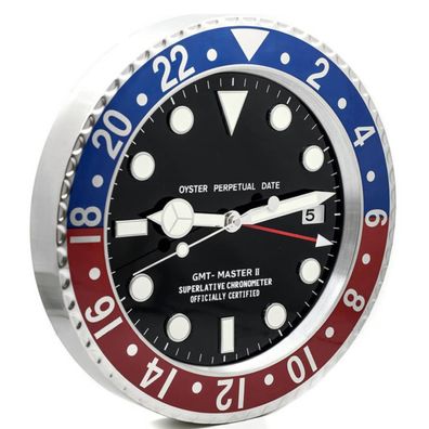 Wanduhr Stil Rolex Vintage GMT-Master Pepsi Blau Rot Oyster Perpetual Stahl 34cm Uhr